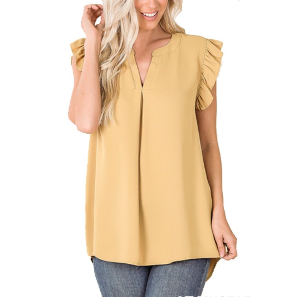 Light Mustard Ruffled Sleeve High Low Shirt
